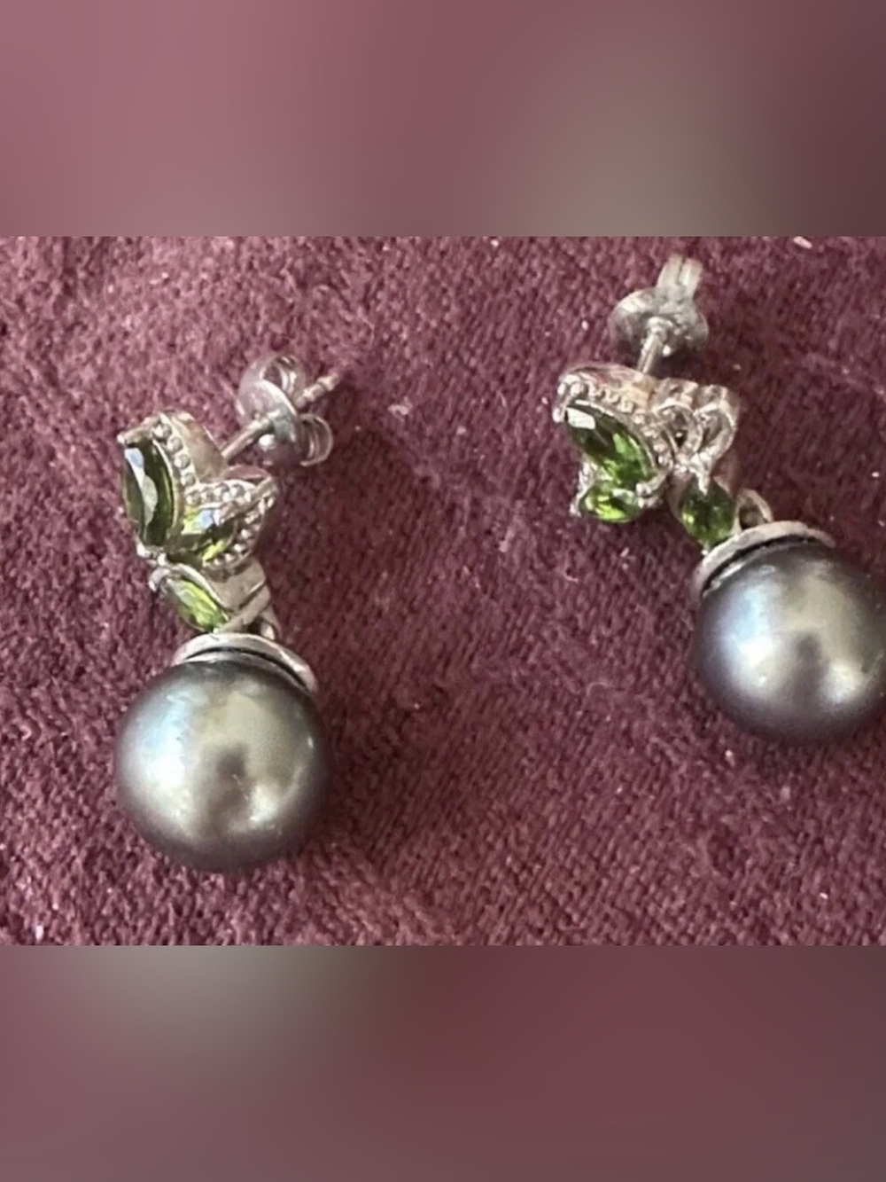 Sterling Silver Black Pearl Drop Earrings with Green Accent Stones